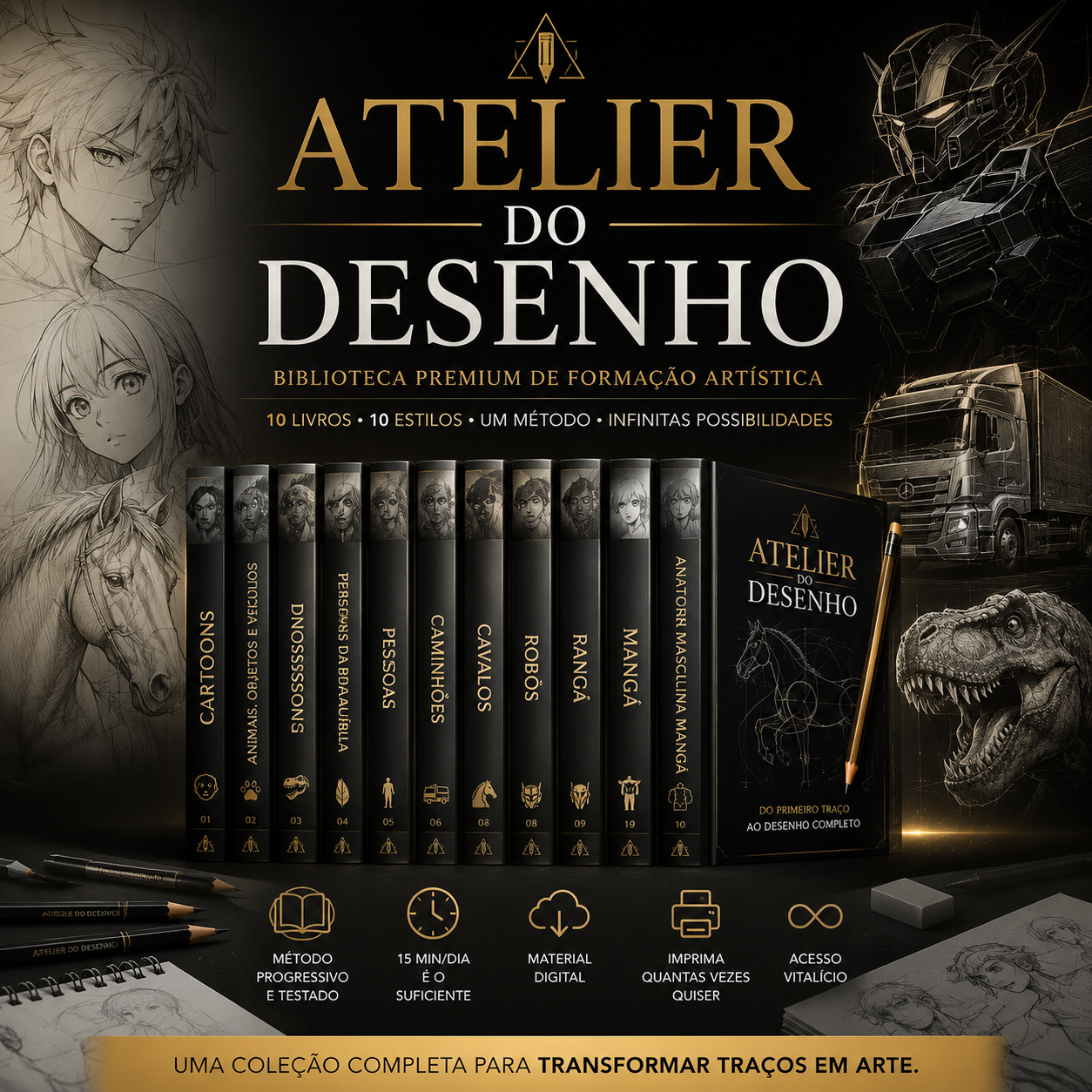 Coleção Atelier do Desenho — pilha de livros premium